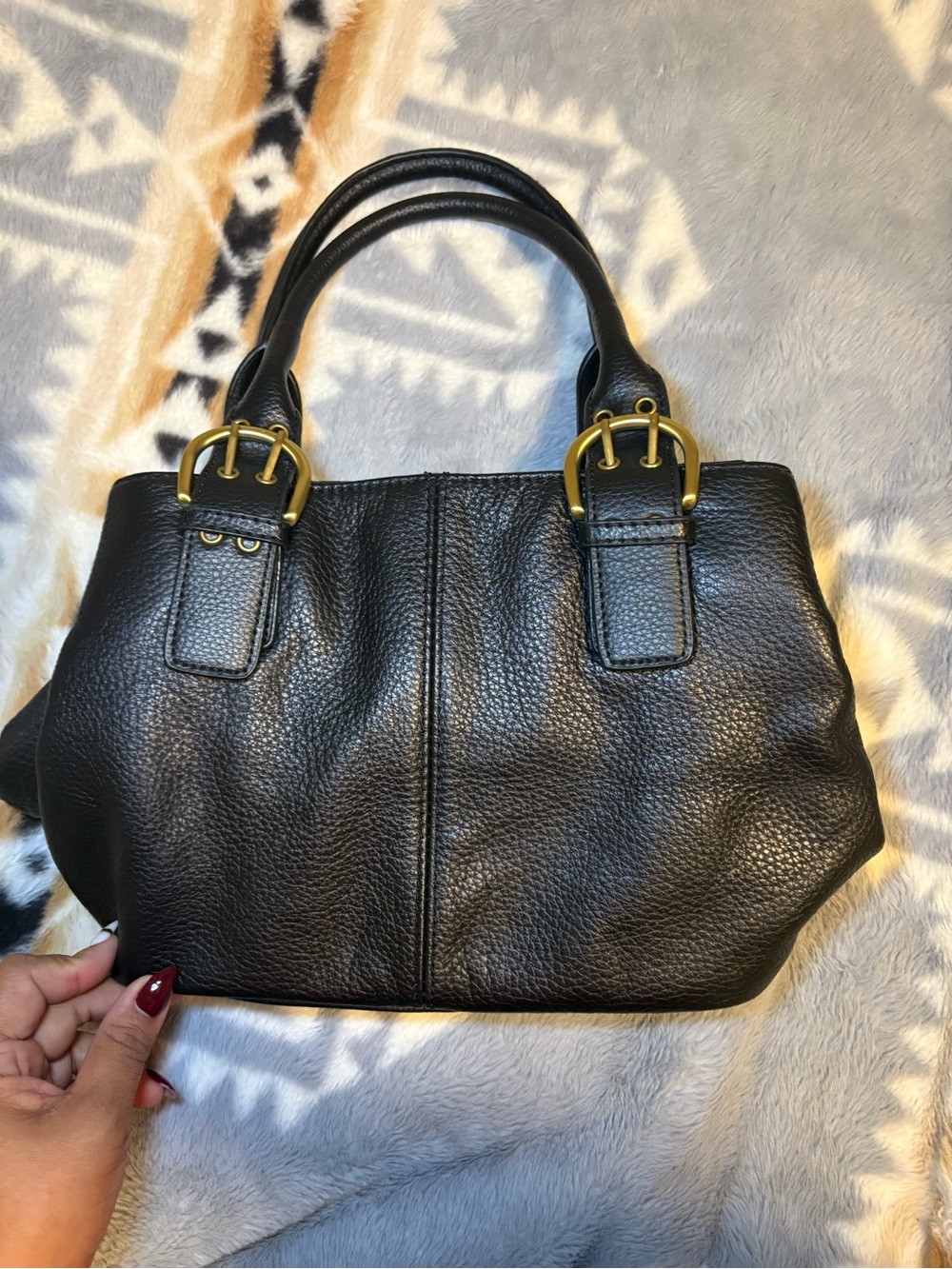 croft & barrow Black Pebbled Leather Tote with Gold Buckles